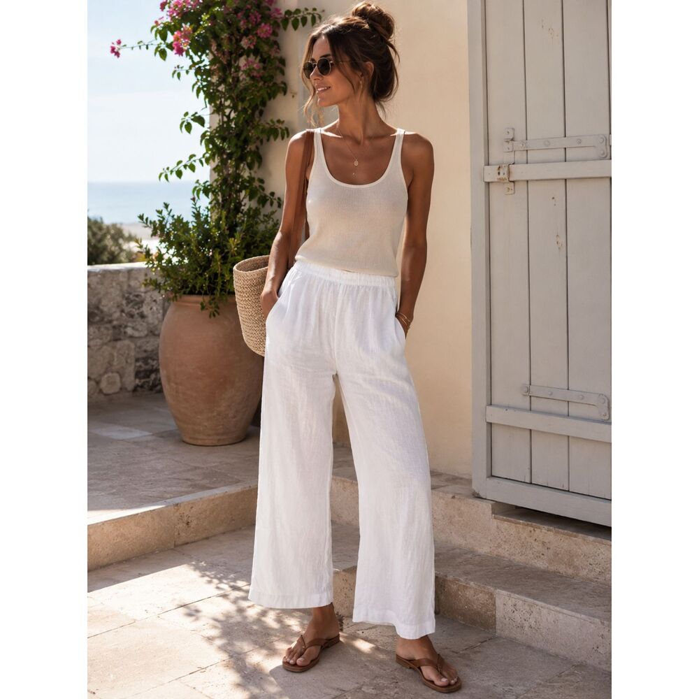 Cynthia Rowley 100% Linen White Pull On Wide Leg Pants XL Elastic Waist